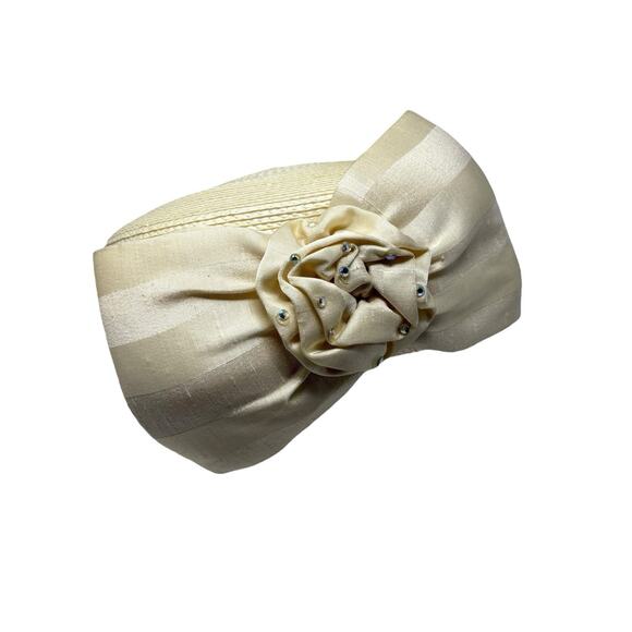 Vintage Sylvia New York Ivory Woven Pillbox Hat w/ Bow Wedding Derby Church main image 7